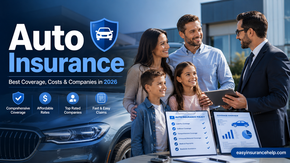 Auto insurance guide image showing a family with a car insurance advisor and easyinsurancehelp.com branding