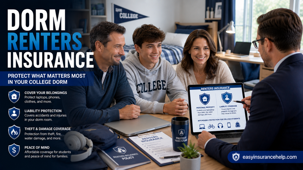Renters insurance for college dorms guide showing students discussing dorm insurance coverage with easyinsurancehelp.com branding