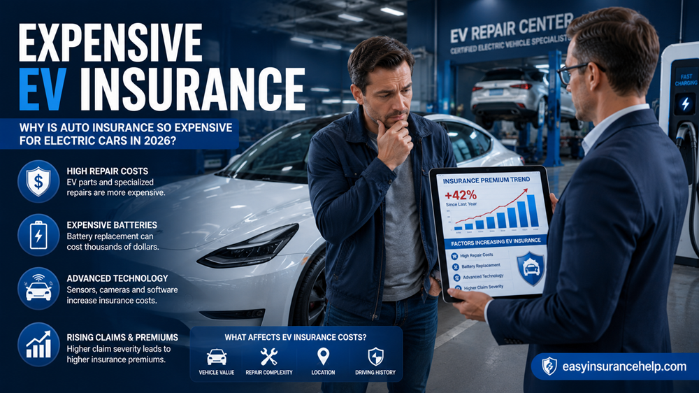 Why auto insurance is expensive for electric cars guide showing EV owner discussing rising insurance costs with easyinsurancehelp.com branding