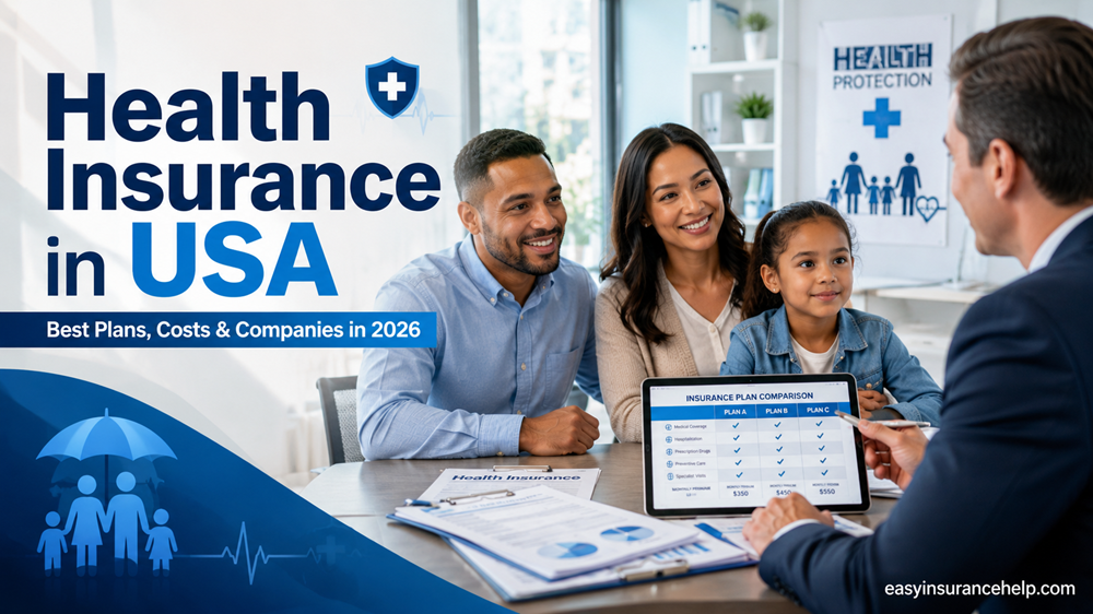 Health insurance in USA guide showing a family meeting a healthcare insurance advisor with easyinsurancehelp.com branding
