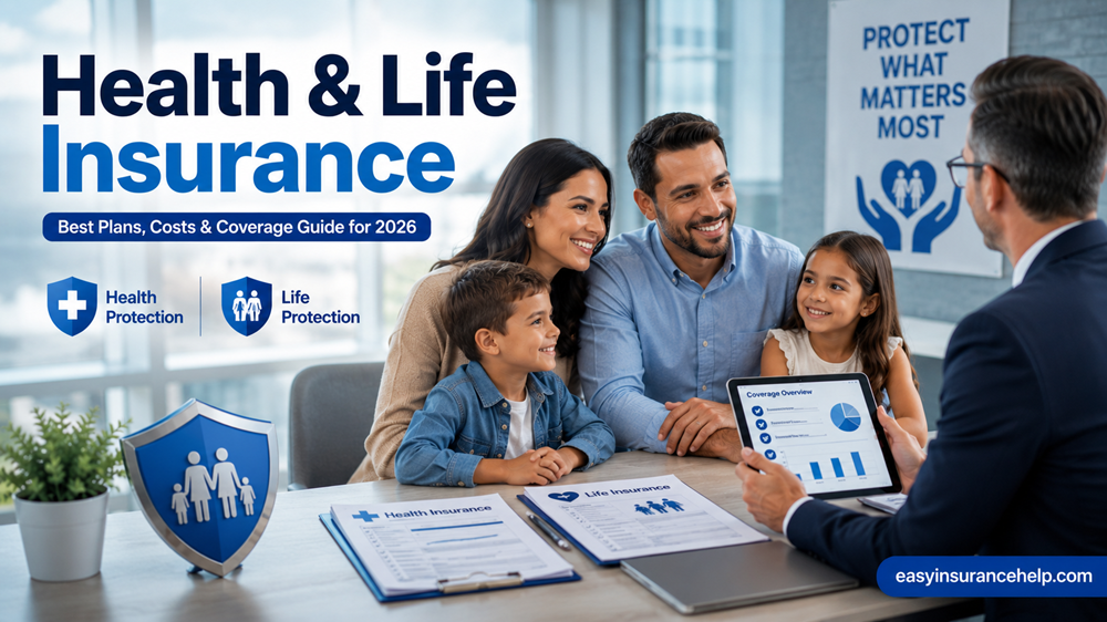 Health and life insurance guide image showing a family meeting an insurance advisor with easyinsurancehelp.com branding