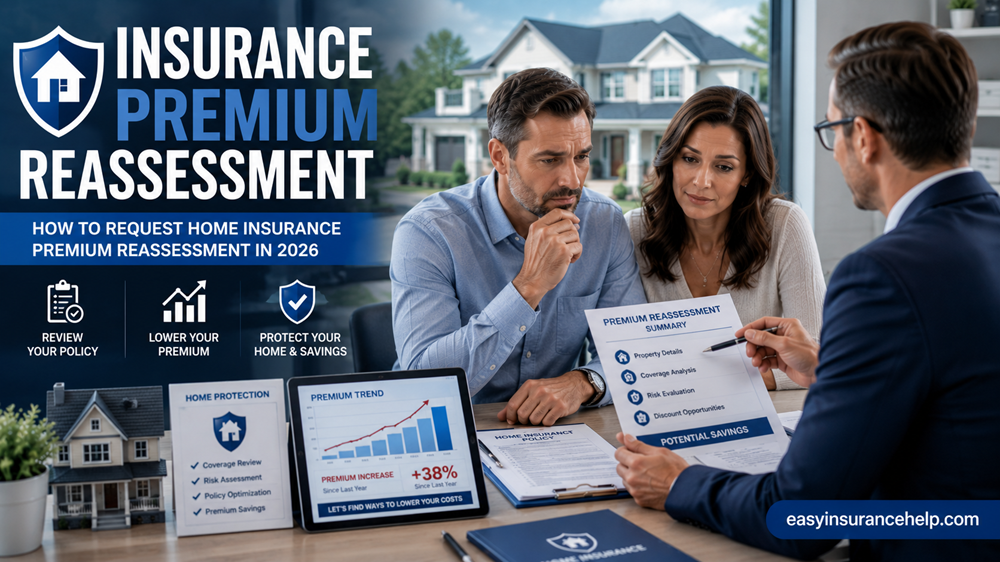 How to request home insurance premium reassessment guide showing homeowners reviewing insurance costs with easyinsurancehelp.com branding