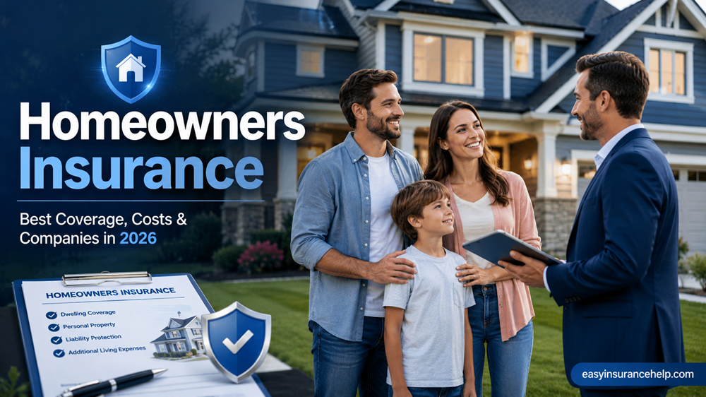 Homeowners insurance guide image showing a family protecting their home with insurance advisor and easyinsurancehelp.com branding