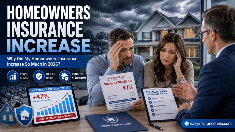 Why did my homeowners insurance increase so much guide showing homeowners reviewing rising insurance costs with easyinsurancehelp.com branding