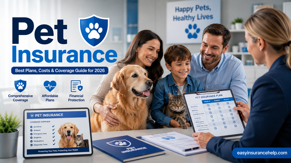 Pet insurance guide image showing a family with pets meeting an insurance advisor with easyinsurancehelp.com branding
