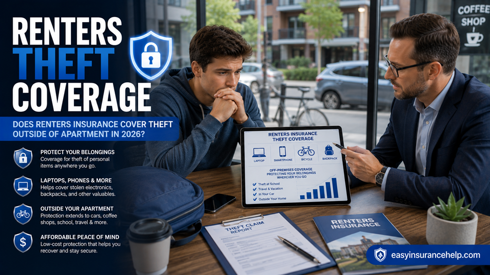 Renters insurance theft outside apartment guide showing renter discussing stolen belongings coverage with easyinsurancehelp.com branding