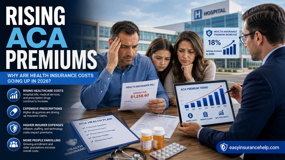 Why ACA health insurance premiums are going up guide showing family reviewing rising healthcare costs with easyinsurancehelp.com branding