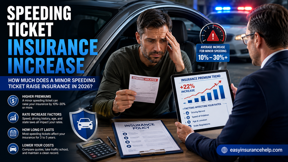 Minor speeding ticket insurance increase guide showing driver reviewing rising insurance costs with easyinsurancehelp.com branding