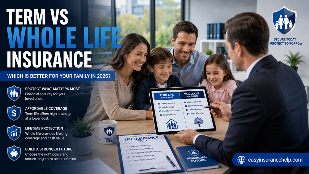 Term life insurance vs whole life insurance for families guide showing family discussing life insurance options with easyinsurancehelp.com branding
