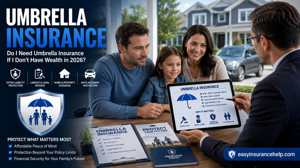 Umbrella insurance for non wealthy families guide showing family discussing liability protection with easyinsurancehelp.com branding
