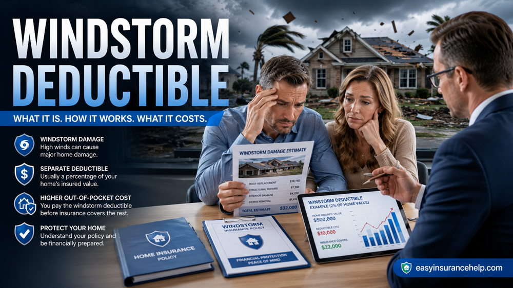 Windstorm deductible in home insurance guide showing homeowners reviewing storm damage costs with easyinsurancehelp.com branding